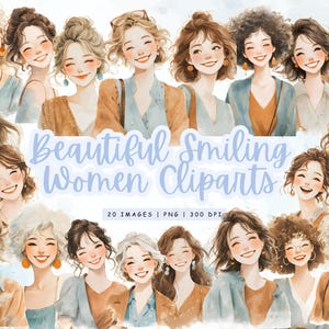 Paquete de imágenes prediseñadas de mujeres sonrientes en acuarela, conjunto de retratos femeninos PNG, ilustración de mujeres felices y seguras, gráficos para el Día de la Mujer, uso comercial