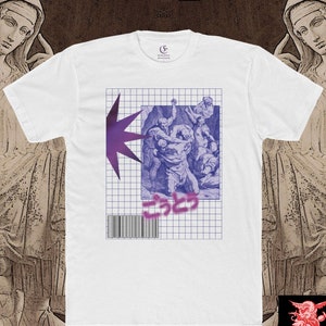 May include: White t-shirt featuring a purple and blue graphic print of a scene from a painting. The graphic is on a grid background with a barcode and the Japanese word "ゴトウ" printed below the graphic.
