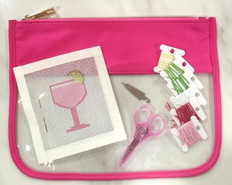 Margarita Needlepoint Kit Beginner, Hand Painted Canvas, Pink or Blue Pouch