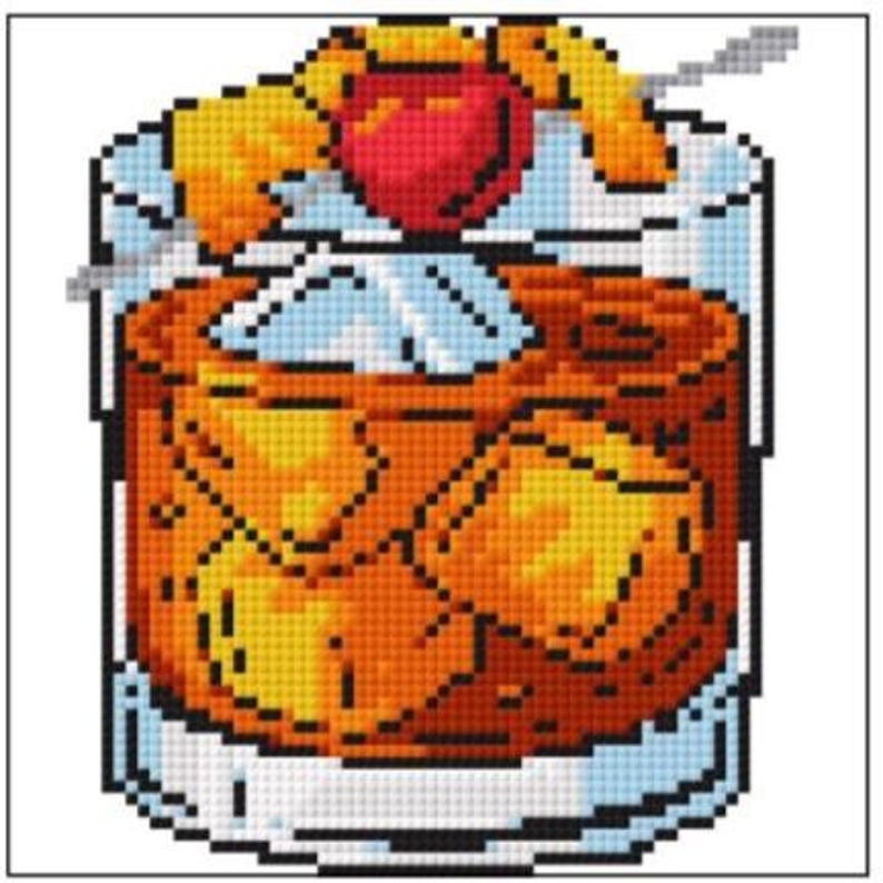 May include: Pixelated image of a cocktail in a rocks glass. The drink is amber-colored with ice cubes. Garnishes include a red cherry, orange peel, and a small cocktail pick. The glass sits on a white background.