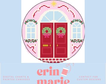 Red Christmas Door 4x4 | Digital Needlepoint Chart PDF