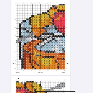 May include: A cross-stitch pattern chart with a colorful design. The chart is divided into a grid with letters and symbols, featuring shades of orange, yellow, blue, and red. The text "Section 1", "Page 2 of 9", and "Pattern" are visible.