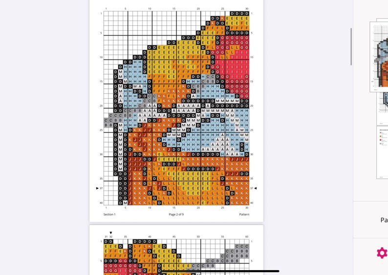 May include: A cross-stitch pattern chart with a colorful design. The chart is divided into a grid with letters and symbols, featuring shades of orange, yellow, blue, and red. The text "Section 1", "Page 2 of 9", and "Pattern" are visible.