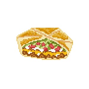 May include: A pixel art illustration of a burrito featuring a golden-brown tortilla shell folded over a filling of brown ground meat, shredded yellow cheese, white sour cream, diced red tomatoes, and chopped green lettuce in a cross-section view.