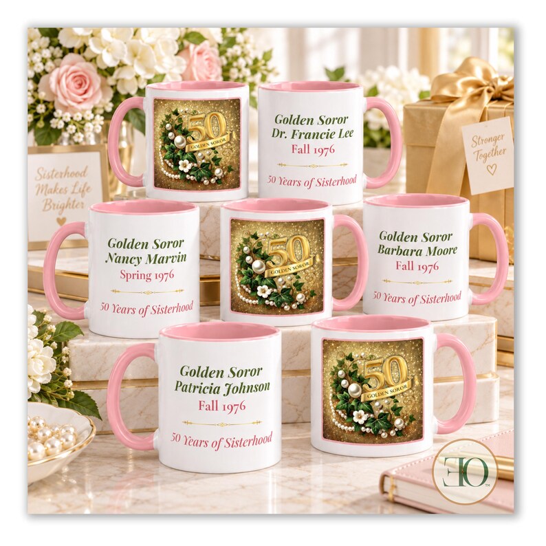 May include: Six white ceramic mugs with pink handles and interiors. Three mugs feature a gold glitter background with a floral wreath and the text 50 Golden Soror. Three mugs are personalized with names, dates, and the text 50 Years of Sisterhood.