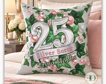 Personalized Silver Soror Pillow, 25 Year Sorority Anniversary Gift, Sisterhood Milestone Keepsake