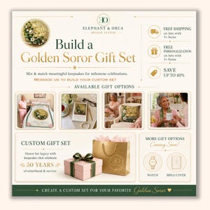 May include: A promotional graphic for a Golden Soror Gift Set by Elephant & Orca Design Studio. It displays various customizable keepsakes including a blanket, pillow, and mug, alongside a pink gift box and gold bag, celebrating 50 years of service.