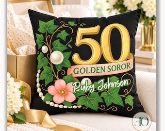 Golden Soror 50th Anniversary Pillow, Personalized Sorority Milestone Gift, Custom Name Keepsake