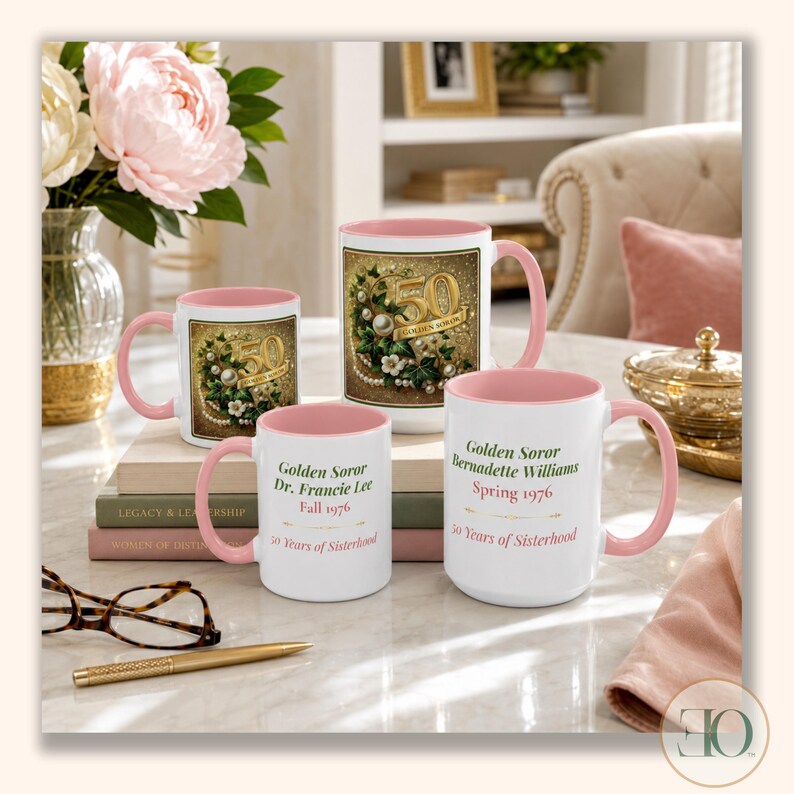 May include: Four white ceramic mugs with pink interiors and handles. Two mugs feature a gold 50th anniversary graphic with pearls and ivy. Two mugs display text: Golden Soror Dr. Francie Lee Fall 1976 50 Years of Sisterhood and Golden Soror Bernadette Williams Spring 1976 50 Years of Sisterhood.