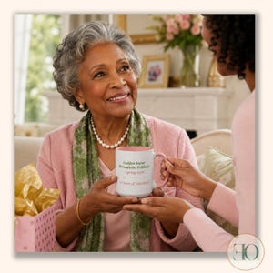 May include: A white ceramic mug with a pink interior and handle, featuring the text Golden Sorar Bernadette Williams Spring 1976 and 50 Years of Sisterhood in green and pink script, held by two individuals in a warm indoor setting.