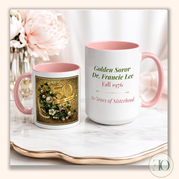 Personalized Golden Soror Mug 50 Year Sisterhood Gift Pink Green Keepsake Mug Bulk Chapter Gift