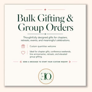 May include: A square graphic with a cream background and dark green text reading Bulk Gifting & Group Orders. It includes subtext about gifts for chapters and events, icons of a gift box and heart, and a circular logo with the letters EO at the bottom.