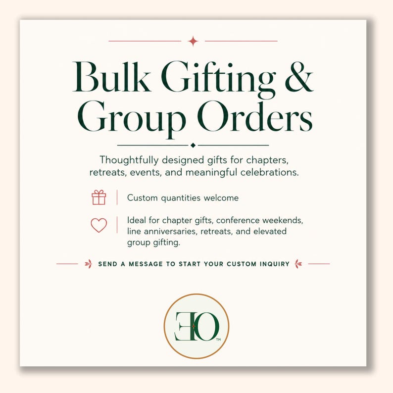 May include: A square graphic with a cream background and dark green text reading Bulk Gifting & Group Orders. It includes subtext about gifts for chapters and events, icons of a gift box and heart, and a circular logo with the letters EO at the bottom.