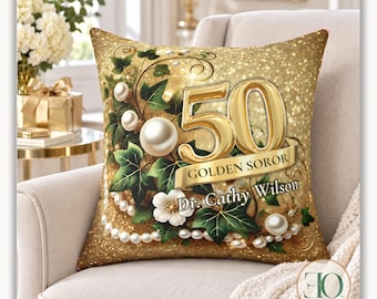 Personalized Golden Soror Pillow, 50 Year Sorority Anniversary Gift, Sisterhood Milestone Keepsake