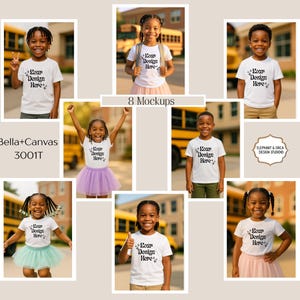 Back to School Black Kids T-Shirt Mockup Bundle 8 African American Children Bella+Canvas 3001T Mockups Diverse Kids Mockups Print on Demand