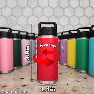May include: A collection of insulated water bottles in various colors, including red, pink, green, and blue. The red bottle, 3.8 inches tall and 1.4 inches wide, features a black twist cap. The image shows the text "Twist Cap" and the brand name "YETI".
