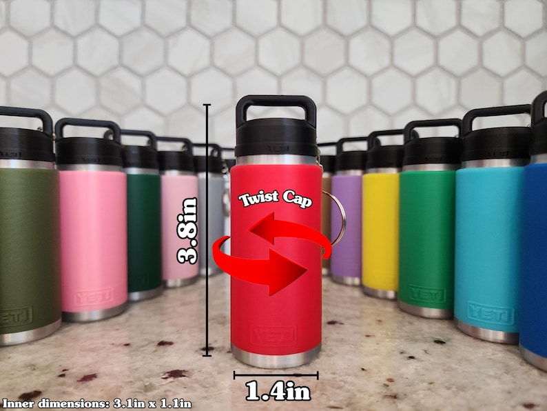 May include: A collection of insulated water bottles in various colors, including red, pink, green, and blue. The red bottle, 3.8 inches tall and 1.4 inches wide, features a black twist cap. The image shows the text "Twist Cap" and the brand name "YETI".