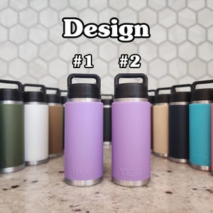 May include: A collection of insulated water bottles in various colors, including blue, green, white, brown, purple, black, teal, and coral. Each bottle has a black handle and lid. The word "Design" and numbers "#1" and "#2" are displayed.