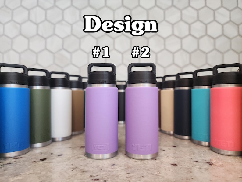 May include: A collection of insulated water bottles in various colors, including blue, green, white, brown, purple, black, teal, and coral. Each bottle has a black handle and lid. The word "Design" and numbers "#1" and "#2" are displayed.