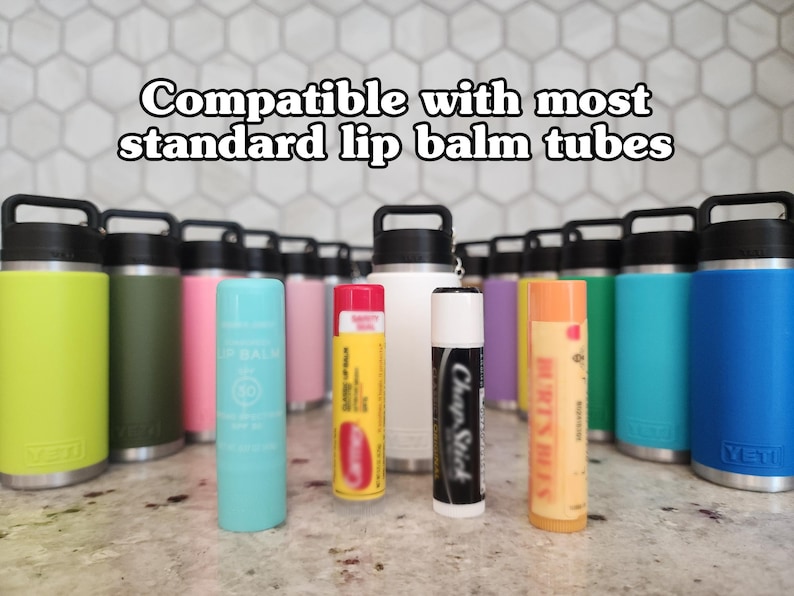 May include: A collection of colorful lip balm tubes and insulated water bottles. The text at the top reads "Compatible with most standard lip balm tubes." The lip balms are various colors, including blue, yellow, and white. The water bottles are in shades of green, pink, and blue.