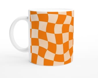 Checkered Retro Wavy Ceramic Coffee Mug Orange Gift for Her Mug Gift for Him Mug Coffee Lovers 11oz