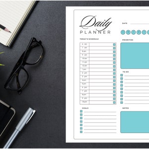 May include: A printable daily planner with sections for today's schedule, priorities, to do, goals, and notes. The planner has a light blue color scheme.