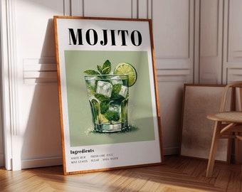 Stampa di un cocktail Mojito, grafica per carrello bar (download digitale)