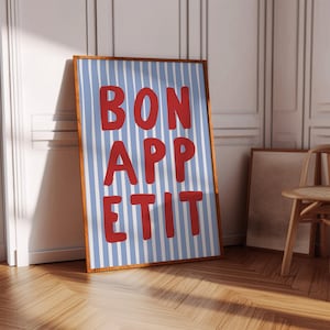 Bon Appetit ポスター、印刷可能な壁アート Eat サイン、タイポグラフィ プリント、フランス語の引用ポスター モダンなキッチン ウォール アート マキシマリスト キッチン ブルー プリント