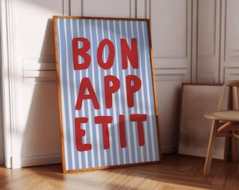 Bon Appetit Poster, Printable Wall Art Eat Sign, Typography Print, French Quote Poster Modern Kitchen Wall Art Maximalist Kitchen Blue Print