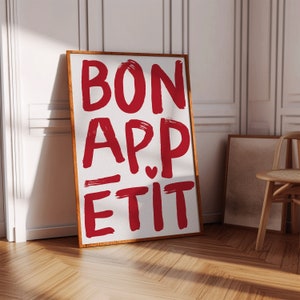 Bon Appetit ポスター、印刷可能な壁アート Eat サイン、タイポグラフィ プリント、フランス語の引用ポスター、モダンなキッチン ウォール アート、マキシマリスト キッチン プリント