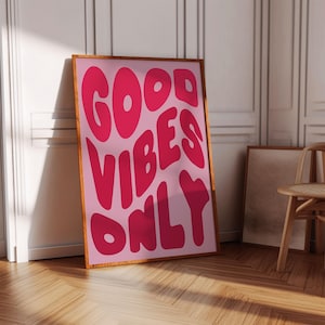 Arte de pared con texto "Good Vibes Only", póster con texto "Good Vibes Only", arte retro de los años 70, arte de pared tipográfico positivo, letrero con texto "Good Vibes Only" para decoración de pared imprimible