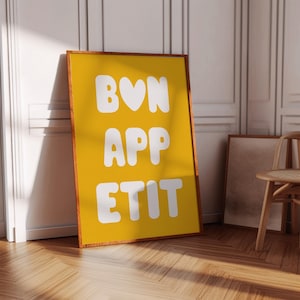 Bon Appetit ポスター 印刷可能なウォールアート Eat サイン タイポグラフィ プリント フランス語の引用ポスター 黄色のレトロなキッチン ウォールアート マキシマリスト キッチン プリント