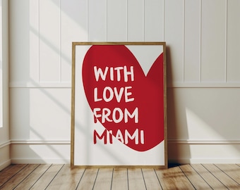 FL Miami Beach Poster: 80s Minimalist Red Girly Wall Art, Heart Typography (Digital Download)