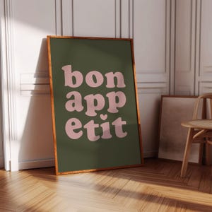 Bon Appetit ポスター セージグリーン プリント 印刷可能なアート Eat サイン タイポグラフィ プリント フランス語の引用ポスター ヴィンテージ キッチン ウォールアート マキシマリスト キッチン