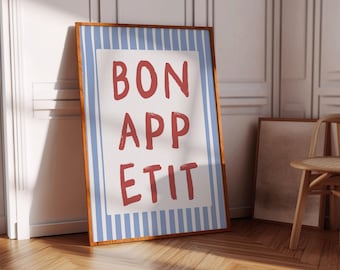 Bon Appetit Poster, Printable Wall Art Eat Sign, Typography Print, French Quote Poster Modern Kitchen Wall Art Maximalist Kitchen Blue Print