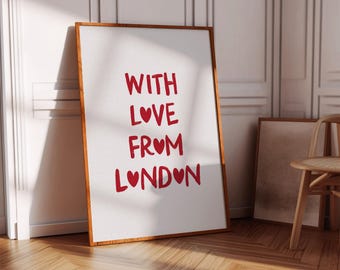 Con amor desde Londres Arte de pared Arte de Londres Inglaterra Póster minimalista de Londres Póster de Londres Inglaterra Decoración de Londres Arte de pared rojo Corazones imprimibles