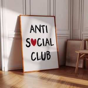 Arte de pared de moda Anti Social Club, arte de pared antisocial imprimible, póster de arte de pared minimalista de los años 70, regalos para introvertidos, decoración de habitación independiente