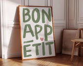 Bon Appetit Poster Sage Green Prints Printable Art Eat Sign, Typography Print French Quote Poster Modern Kitchen Wall Art Maximalist Kitchen