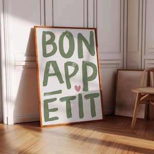 Bon Appetit Plakat Sage Green Prints Printable Art Eat Sign, Typography Print French Quote Poster Nowoczesna sztuka ścienna do kuchni Maksymalistyczna kuchnia