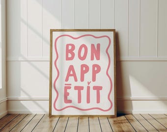 Póster imprimible de "Bon Appetit", arte de pared con tipografía de "Eat Sign", póster con cita francesa, arte de pared de cocina retro, arte de pared minimalista para comedor.