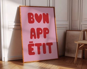 Póster con cita francesa "Bon Appétit", lámina de estilo retro para la cocina (descarga digital)