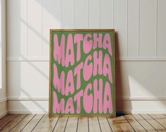 Groovy Matcha Prints, Pink Green Kitchen Wall Art, Retro Matcha Gifts for Matcha Lovers, Coffee Wall Decor, Quirky Japandi Wall Art