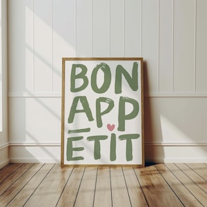 Bon Appetit Poster Sage Green Prints Printable Art Eat Sign, Typography Print French Quote Poster Modern Kitchen Wall Art Maximalist Kitchen