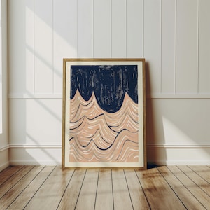 Abstract Wave Art Print Modern Coastal Wall Art Navy Beige Ocean Decor Minimalist Nautical Printable Wall Art for Beach House & Home Decor