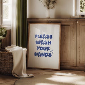 Please Wash Your Hands Sign Print Light Blue Aesthetic Bathroom Wall Art Cute Minimalist Poster Trendy Bathroom Decor Sign Restroom Prints