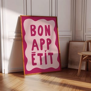 Bon Appetit Poster Printable Wall Art Eat Sign Typography Print French Quote Poster Maximalist Pink Kitchen Decor Retro Kitchen Wall Art