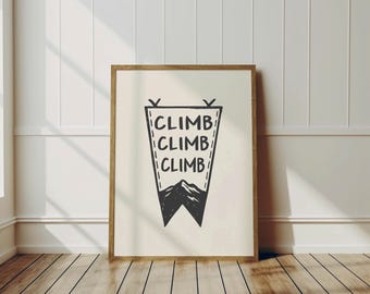Retro Rock Climbing Print: Black White Outdoorsy Wall Art, Mountain Hiking Poster (Digital Download)