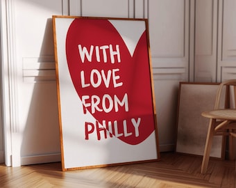 Con amor desde Filadelfia, arte de pared, decoración moderna para el hogar, arte minimalista de Filadelfia, pósteres de Filadelfia, arte de pared imprimible, arte de pared rojo para sala de estar femenina