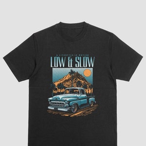 Baixo e lento, caminhão clássico, Hotrod, Ford, Chevy, Street Rod, camisa de show de carros, camiseta de caminhão, presente para o pai, presente para ele, camiseta de algodão unissex