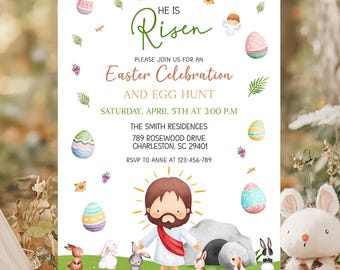 He is Risen, Church Easter, Easter invitation, Easter egg hunt, Easter invite, Easter brunch, Easter sunday, Egg hunt invite, Easter event